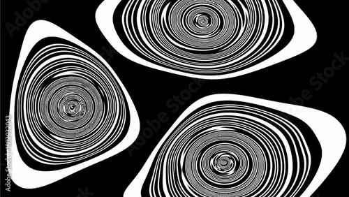 Abstract spiral patterns in white and gray tones on black background, depicted from a straightforward viewpoint, resembling artistic illustrations