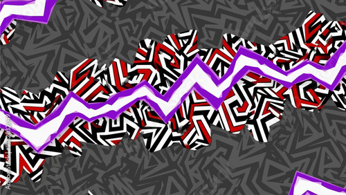 Abstract geometric pattern with zigzag lines and shapes in red, white, and purple on a dark grey background from a direct viewpoint