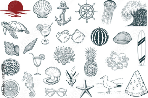 Vintage Summer Beach Elements Illustration Set
