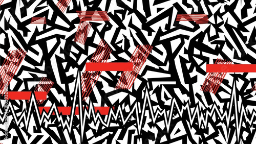 Abstract geometric pattern with red accents and sharp lines viewed from a straight-on perspective