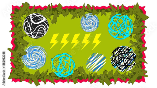 Vibrant illustration of assorted swirling patterns and lightning bolts on a green background surrounded by foliage from a direct viewpoint