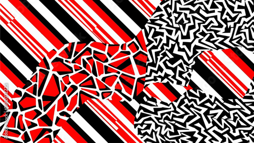 Abstract geometric pattern featuring red, black, and white stripes with intricate line art details viewed from a straightforward perspective