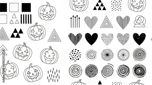 A collection of black and white illustrations featuring pumpkins, hearts, and geometric shapes in various designs and patterns.