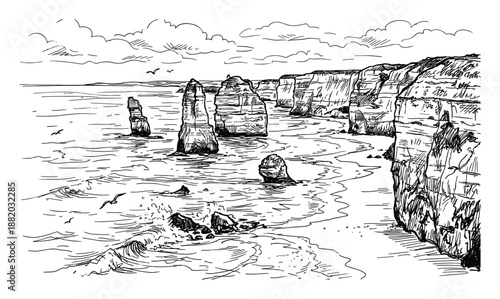 Hand-drawn sketch of the Twelve Apostles, a scenic coastline with rock formations and ocean waves in Australia.
