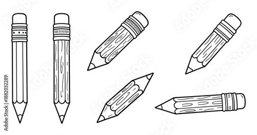 Hand-drawn pencil illustration set, featuring erasers, sharp points, and wood grain texture.