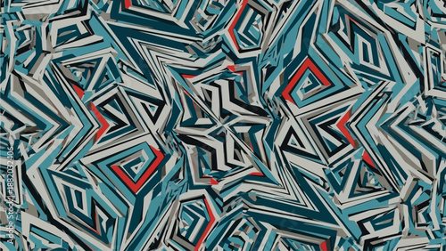 Intricate geometric pattern featuring layered shapes and vibrant colors in a kaleidoscope design viewed from directly above
