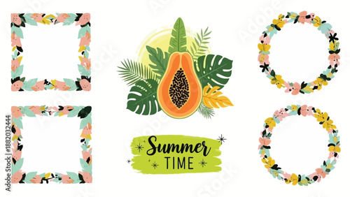Vibrant Summer Scene with Tropical Leaves and Papaya Illustration Frames and Ornaments