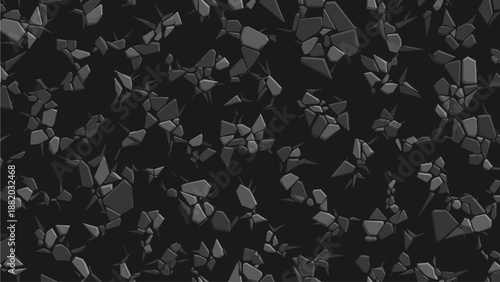 Aerial view of scattered geometric shapes in a dark environment with seta elements