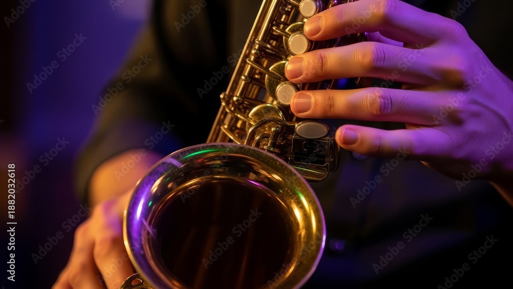 Obraz premium A musician plays the saxophone with passion and skill in a dimly lit environment from a close-up viewpoint.