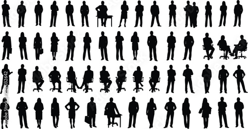 Business people silhouettes collection, professional office workers standing and sitting poses, corporate team vector illustration set