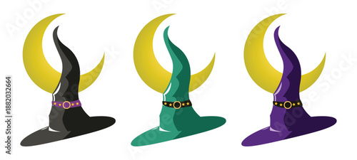 Witch vector hats in various colors. Colorful witch hats, bright colors, different halloween hats.
