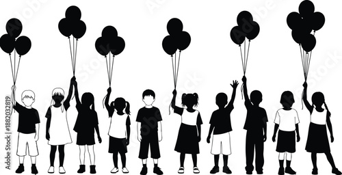 Children silhouettes holding balloons, happy kids group illustration, childhood celebration concept, playful boys girls together isolated white background vector design