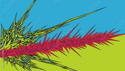 Vibrant Abstract Illustration Featuring Seta, Spiky Shapes, and Dynamic Patterns Against a Bright Blue and Green Background from a Direct Viewpoint