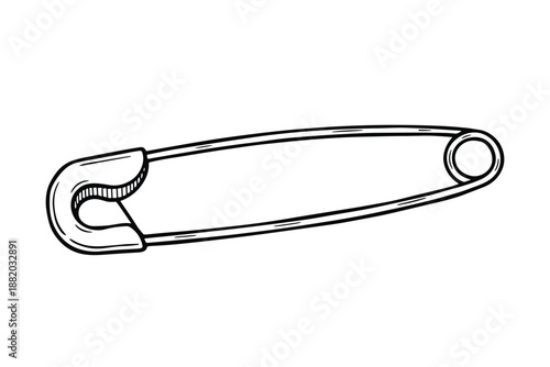 Illustration of a safety pin. Hand drawn, black outline on white. Vector clip art.