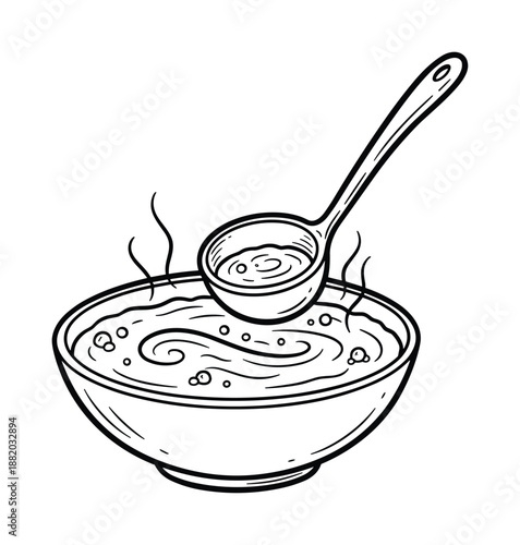 Illustration of a soup bowl with a ladle. Hot food with swirls and bubbles in black and white color.