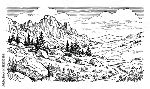 Illustration of a mountain landscape with rocks, trees, and clouds. Black and white scenic view.