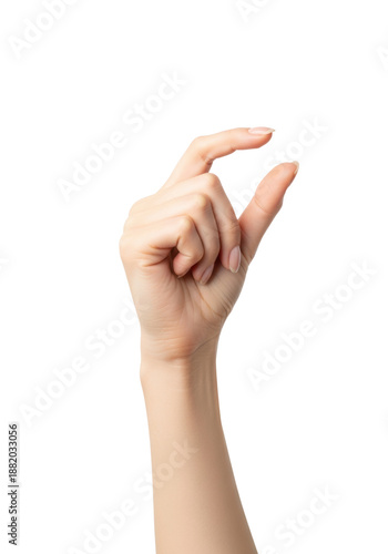 Flawless caucasian female hand and lower wrist with nude polished nails, executing a precise pinching gesture, isolated on a transparent infinity background with copy space. Clinically clean