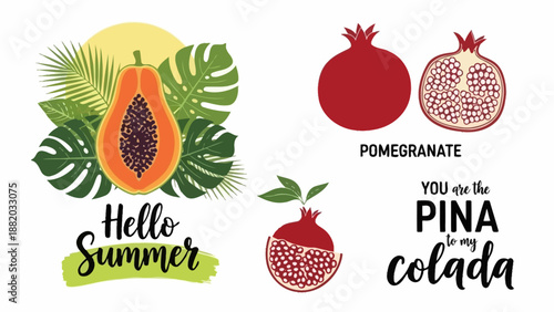 Vibrant Summer Fruits and Refreshing Drinks Illustration Featuring Papaya, Pomegranate, and Pina Colada