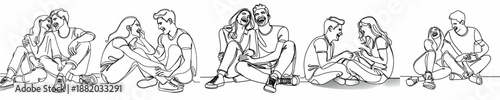 line art of a couple sitting and joking together on the floor