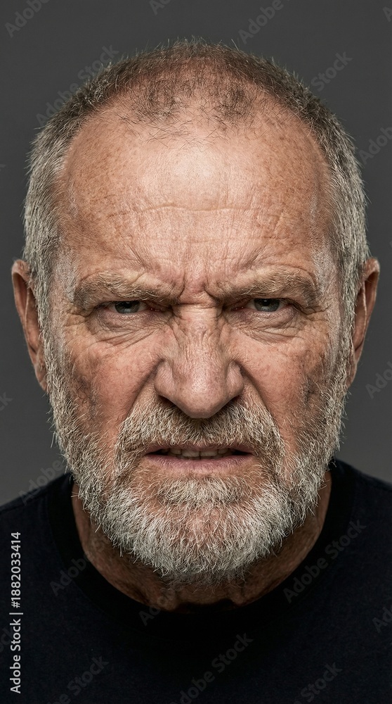 Obraz premium A powerful and raw close-up portrait capturing the intense and angry scowl of an elderly man, his weathered face filled with profound emotion and a fierce determination