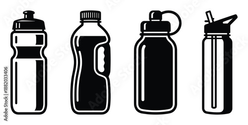 Illustration of four reusable water bottles. Black and white designs for hydration on the go.