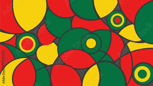 Vibrant abstract illustration featuring colorful circles and shapes in red, green, and yellow hues, creating a dynamic pattern
