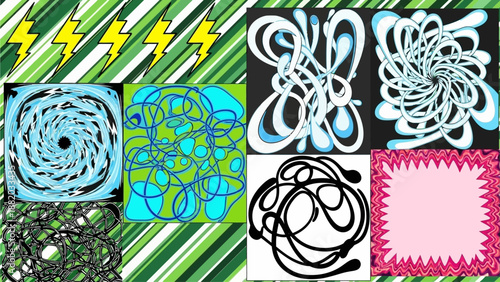 A collection of abstract illustrations showcasing intricate designs and patterns in a modern digital art composition featuring various shapes and styles