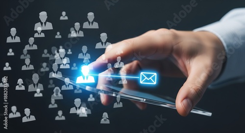Hand using smartphone to connect with people network, digital communication, sending email icon, dark background, technology concept