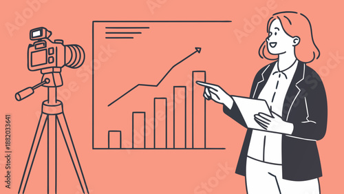 Businesswoman analyzing data with camera and graph.