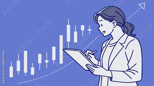 Businesswoman analyzing financial graph with candlestick chart.