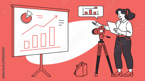 Woman presenting data on a presentation board with a camera setup.