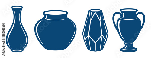 Illustrations of four blue vases with different shapes. Simple design for pottery and home decor projects.