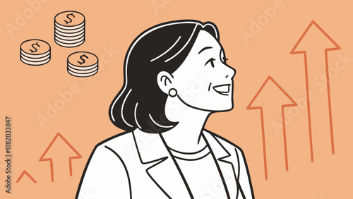 Woman smiling with coins and upward trending arrows.
