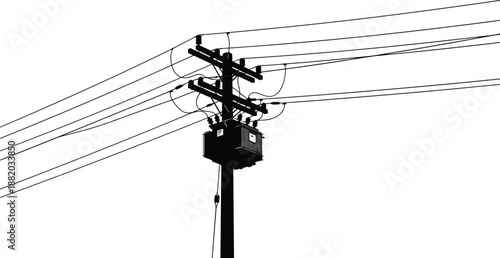 Electric power pole silhouette with transformer, overhead transmission lines infrastructure, utility electricity distribution equipment illustration isolated on white background