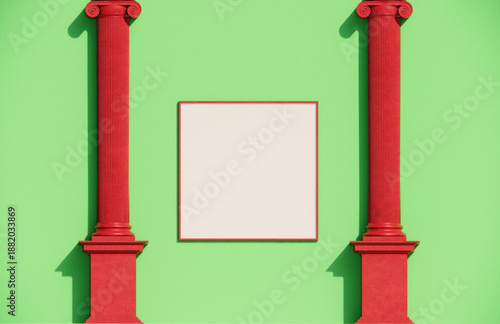 Parete colorata con quadro sfondo bianco e pilastri stile ionico laterali