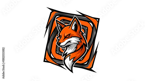 Vibrant fox head illustration in dynamic motion, set against swirling orange and black abstract background