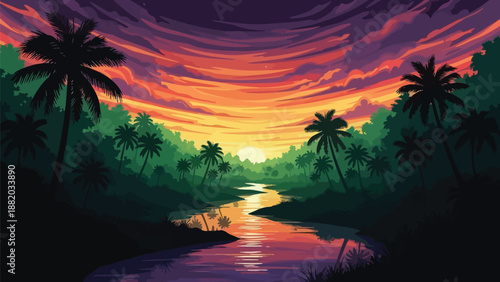 Vibrant tropical sunset over serene river with palm trees and lush greenery warm orange and purple hues reflecting on water