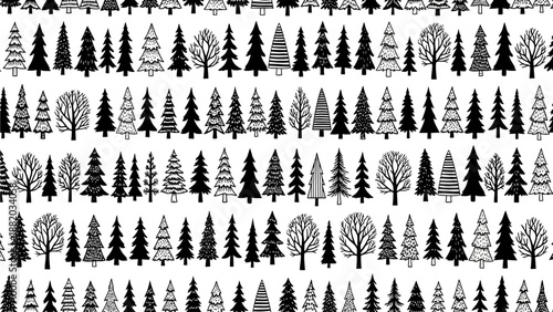 Illustration of diverse trees in various styles and silhouettes arranged in rows