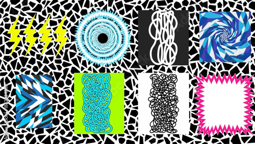 Vibrant abstract icons arranged in grid pattern on mosaic background, showcasing varied shapes and designs, viewed from directly above, featuring decorative elements, and modern illustrations