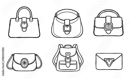 Line art drawing of different bag types, purses, backpacks, and clutches. Simple, clear outlines.