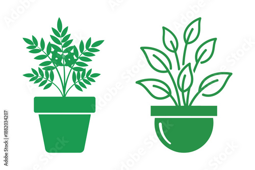 Green houseplant vector icons in ceramic pots