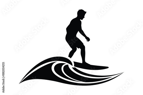 Black silhouette of a surfer riding a large wave on surfboard