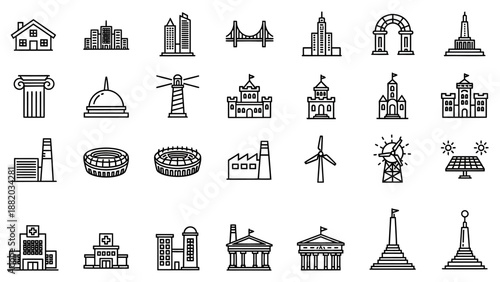 Black and white city landmarks icons.
