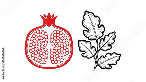 Illustration of a pomegranate and oak leaves on a simple background