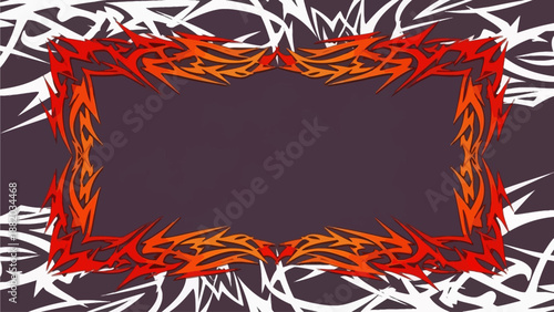 A vibrant rectangular frame with fiery red and orange flames on a dark background, illustration style, close-up view