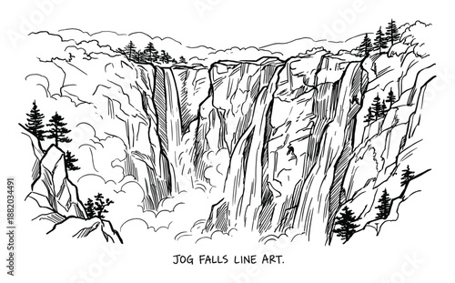 Line art of Jog Falls with water, rocks, trees and mountains, creating a scenic waterfall landscape.