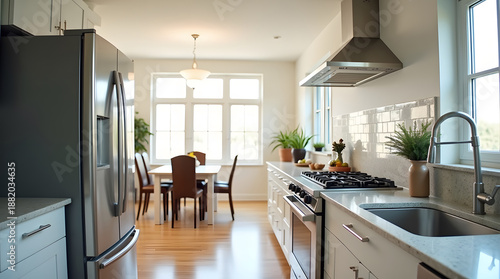 Modern bright kitchen with stainless appliances and dining area. Clean home interior with white cabinets and sink