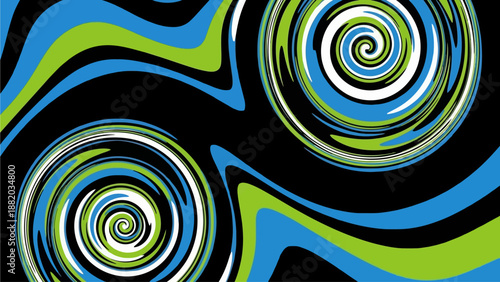 Spiraling shapes in blue, green, and white swirl together on a black background, creating a dynamic illustration