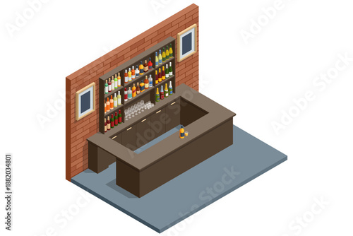 Bar Counter. Isometric bar interior with counter, bottles and glasses. Nightlife and hospitality concept in modern vector style isolated on white background.