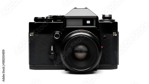 Sleek black vintage-style camera with a textured grip and silver strap lugs isolated on a bright backdrop.